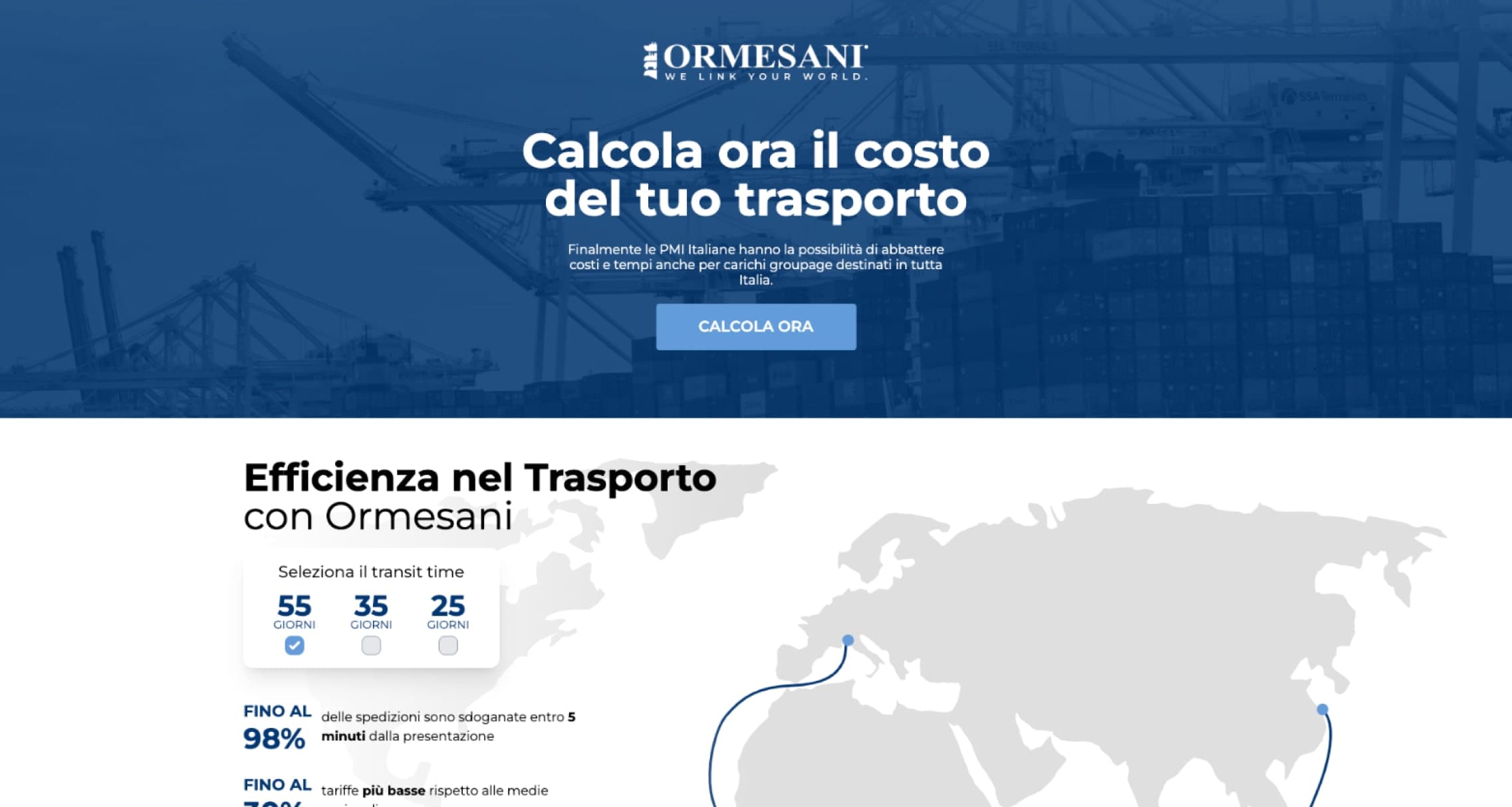 Landing page di Ormesani per il calcolo del costo del trasporto