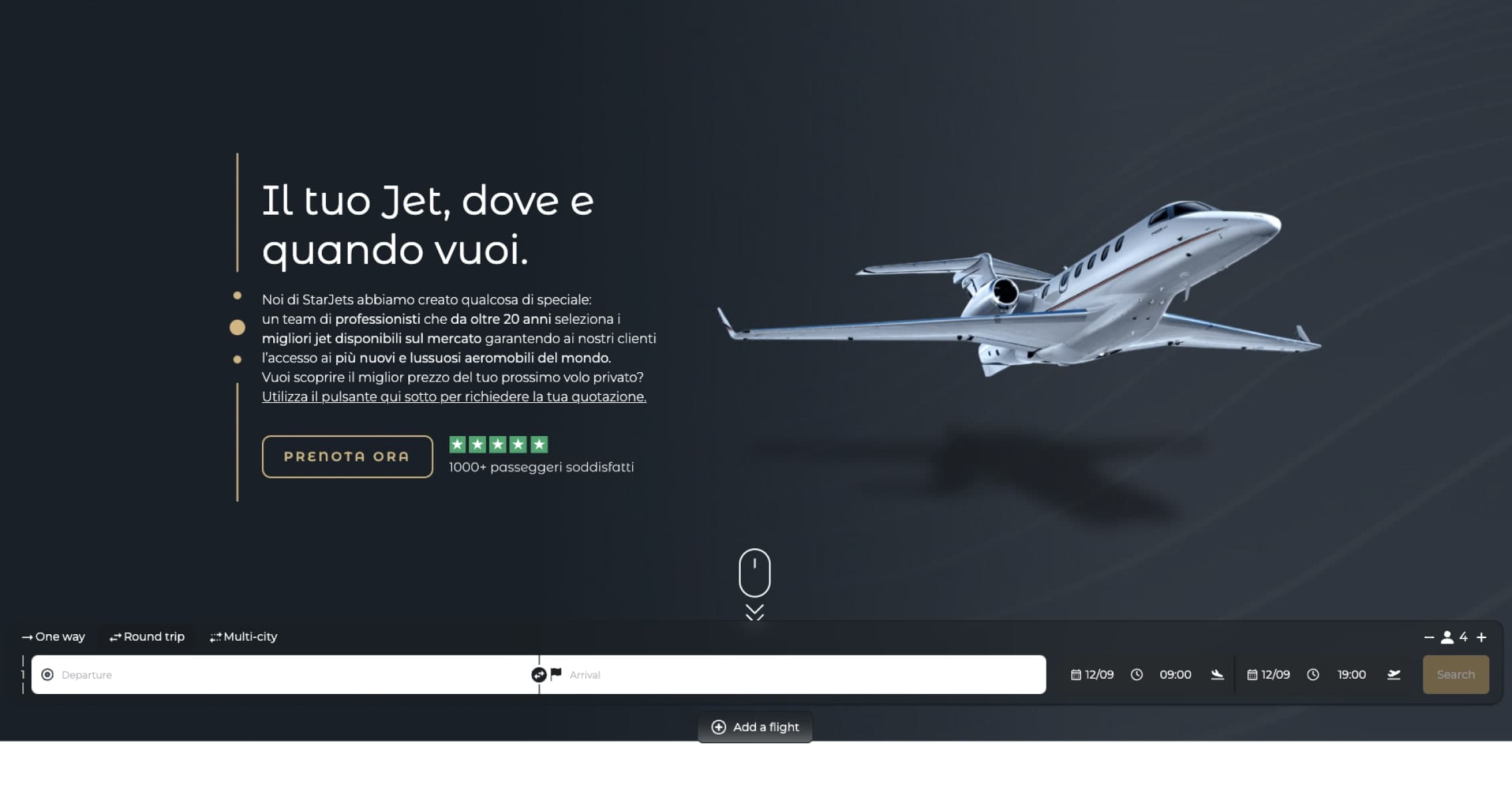 Landing page di Starjets per il noleggio di jet privati
