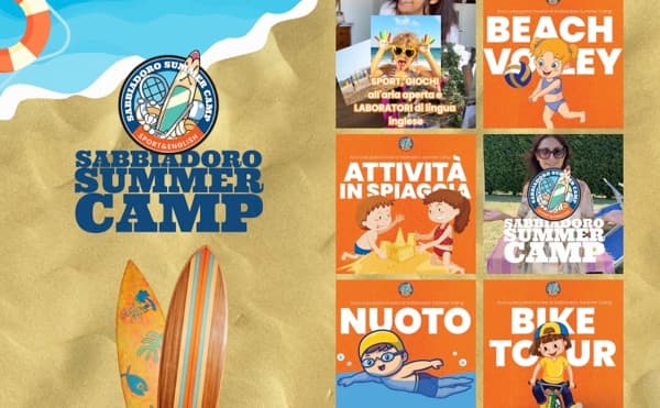 Logo Sabbiadoro Summer Camp e creatività social: beach volley, nuoto, bike tour