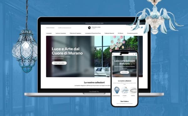E-commerce Murano Lamp Store su laptop e smartphone: «Luce e arte dal cuore di Murano»