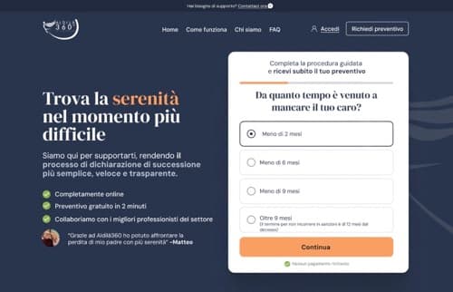 Home page di Aldilà360 con la procedura guidata per il preventivo