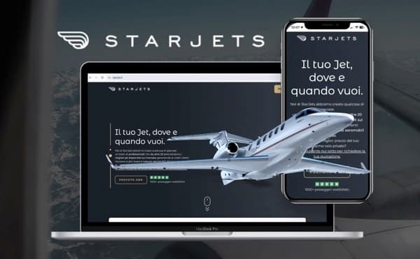 Sito di Starjets su laptop e smartphone: «Il tuo jet, dove e quando vuoi»